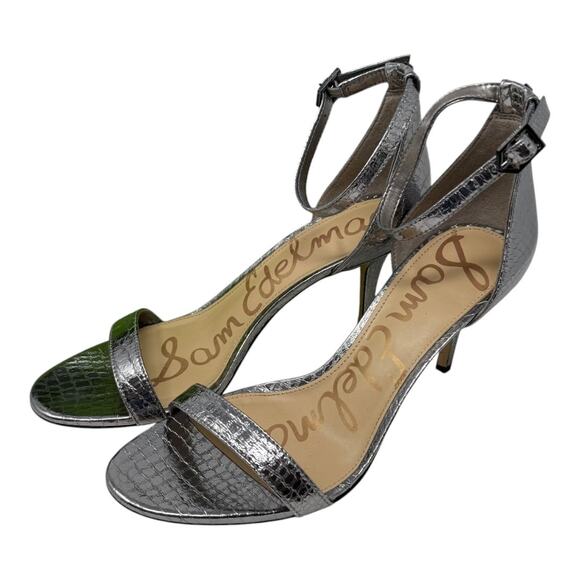 Sam Edelman Metallic Silver Patti Ankle Strap Heels Leather Open Toe Size 7.5 - Picture 1 of 11